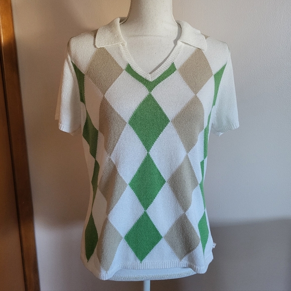 Vintage Izod Argyle Knit Polo Top 90s Y2K - Picture 1 of 6